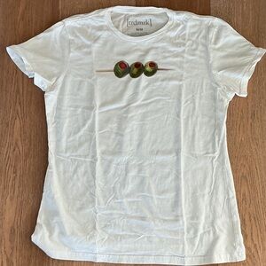 [trdmrk] White fitted Baby Tee with Olive Skewer Graphic,
